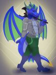 anthro aquatic_dragon axe blue_body clothing dragon hector-albert_donocen_(germanor123) hi_res idel looking_at_viewer male marine mythological_creature mythological_scalie mythology scalie solo tail walking wings