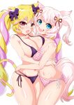  2girls absurdres animal_ears asymmetrical_docking bell bikini blonde_hair blue_eyes blush_stickers bow bra breast_press breasts cat_ears cat_girl cat_tail cleavage collarbone commentary cowboy_shot drill_hair fang fox_ears fox_girl fox_tail hair_bow highres howan_(show_by_rock!!) hug jingle_bell large_breasts long_hair looking_at_viewer mashima_himeko_(show_by_rock!!) medium_breasts multicolored_hair multiple_girls navel open_mouth panties pink_hair polka_dot polka_dot_bra polka_dot_panties purple_eyes short_hair show_by_rock!! simple_background smile string_bikini swimsuit tail thighs twintails underwear upper_teeth very_long_hair white_background white_hair yanakura yuri 