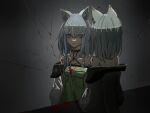  1girl animal_ear_fluff animal_ear_piercing animal_ears arknights bare_shoulders blood blood_on_mirror broken_mirror cat_ears cat_girl chinese_commentary closed_mouth coat commentary_request dark different_reflection dress eyes_visible_through_hair green_dress green_eyes grey_hair hair_between_eyes hair_over_eyes highres ji_qiqiqi_(xinjinjumin3866947) kal&#039;tsit_(arknights) long_sleeves looking_at_mirror looking_at_self material_growth medium_hair mirror off_shoulder open_clothes open_coat oripathy_lesion_(arknights) paranoid reflection serious solo standing stethoscope upper_body white_coat 