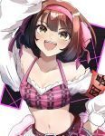  1girl :d absurdres arm_up belt belt_buckle blush bow bow_hairband breasts brown_hair buckle cleavage collarbone crop_top hair_bow hairband halterneck hand_on_own_hip highres long_hair long_sleeves midriff navel open_mouth pink_bow pink_hairband red_belt sasai_tuki small_breasts smile solo stomach suzumiya_haruhi suzumiya_haruhi_no_yuuutsu upper_body yellow_eyes 