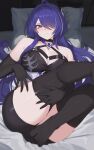  1girl absurdres acheron_(honkai:_star_rail) ass black_choker black_gloves black_shorts breasts choker cleavage embarrassed feet gloves hair_over_one_eye highres honkai:_star_rail honkai_(series) large_breasts long_hair looking_at_viewer nvl purple_eyes purple_hair short_shorts shorts solo sweatdrop thick_thighs thighs very_long_hair 