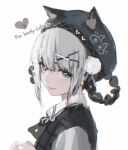  1girl animal_ears animal_print bambinata_(punishing:_gray_raven) black_hair black_headwear braid cat_ears cat_print d.k english_text grey_eyes grey_hair hair_ornament hair_rings hairclip heart heart-shaped_pupils looking_at_viewer multicolored_hair official_alternate_costume punishing:_gray_raven sidelocks solo symbol-shaped_pupils twin_braids two-tone_hair white_background x_hair_ornament 