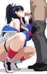  1boy 1girl bare_shoulders black_gloves black_hair black_pants blue_eyes blush breasts censored cleavage clothes_pull commentary_request fellatio from_side gloves gridman_universe gridman_universe_(film) hair_ornament hella_p hetero highres jacket korean_commentary large_breasts long_hair male_pubic_hair mosaic_censoring off_shoulder oral pants pants_pull penis ponytail pubic_hair red_socks simple_background socks solo_focus squatting ssss.gridman standing sweat takarada_rikka thick_thighs thighs white_background white_footwear white_jacket 