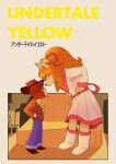 absurd_res angry anthro asian_clothing bangs bell bell_bow big_hair boots bottomwear canid canine ceroba_(undertale_yellow) chevy_(artist) clothing clover_(undertale_yellow) cowboy duo east_asian_clothing english_text eye_contact female fist footwear fox hair hi_res human japanese_clothing japanese_text kerchief kimono looking_at_another male mammal neckerchief pleated_skirt ponytail side_bangs skirt snout stare text topwear undertale_(series) undertale_yellow vest