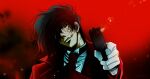  1boy aiming aiming_at_viewer alucard_(hellsing) ascot black_hair gloves gun hair_over_one_eye handgun head_tilt hellsing highres holding holding_gun holding_weapon jacket male_focus portrait red_background red_eyes smile solo toshimichi_yukari weapon white_gloves 