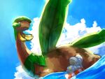  afloat bagon bandana closed_eyes closed_mouth cloud commentary_request day fang gen_3_pokemon highres kikuyoshi_(tracco) lifebuoy lying no_humans on_back outdoors pokemon pokemon_(creature) relaxing sky tropius water 