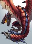  absurdres breath_weapon breathing_fire claws dragon fire flying gradient_background highres looking_back monster monster_hunter_(series) no_humans open_mouth pekoson rathalos sharp_teeth simple_background spiked_tail tail teeth wings wyvern 