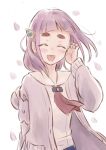 1girl :d blush cardigan closed_eyes collared_shirt commentary_request eyelashes falling_petals hand_up happy highres lacey_(pokemon) long_sleeves medium_hair oka_3776 open_cardigan open_clothes open_mouth petals pokemon pokemon_sv purple_hair shirt smile solo 