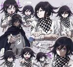  1boy angry aoki_(fumomo) bangs black_headwear book buttons cape checkered checkered_neckwear checkered_scarf clenched_hand commentary_request crossed_arms danganronpa_(series) danganronpa_v3:_killing_harmony double-breasted foaming_at_the_mouth grey_background hair_between_eyes hand_up jacket long_sleeves looking_at_viewer male_focus open_book ouma_kokichi pointing pointing_at_viewer purple_eyes scarf shaded_face short_hair simple_background smile star-shaped_pupils star_(symbol) straitjacket sweat symbol-shaped_pupils 
