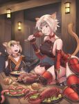  1boy 2girls animal_ears bandana blonde_hair blue_eyes boned_meat bread breasts brown_hair cactus41747280 cat_ears cat_girl cat_tail choker detached_sleeves dougi final_fantasy final_fantasy_xi food harness highres linked_sausages lobster meat mithra_(ff11) multiple_girls plastron sausage scorpion_harness sideboob stew tail tarutaru unitard 