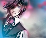  1boy artist_name black_necktie black_vest blue_eyes blurry blurry_background expressionless hair_over_one_eye hellsing hellsing:_the_dawn highres male_focus necktie portrait purple_hair solo string toshimichi_yukari vest walter_c._dornez web_address 