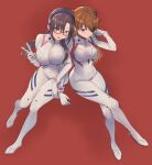  2girls :d absurdres bangs blue_eyes bodysuit breasts brown_hair closed_mouth commentary_request evangelion:_3.0+1.0_thrice_upon_a_time eyebrows_visible_through_hair eyepatch full_body glasses hair_ornament hairband highres interface_headset large_breasts locked_arms long_hair looking_at_viewer makinami_mari_illustrious medium_breasts moshoko_(mizuneroku) multicolored multicolored_bodysuit multicolored_clothes multiple_girls neon_genesis_evangelion open_mouth orange_hair pilot_suit plugsuit rebuild_of_evangelion red-framed_eyewear red_background simple_background skin_tight smile souryuu_asuka_langley standing twintails v white_bodysuit 
