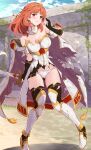  1girl armor ass_visible_through_thighs bare_shoulders blue_sky blush breastplate breasts cape celica_(fire_emblem) cleavage cloud commentary_request day dress earrings fingerless_gloves fire_emblem fire_emblem_echoes:_shadows_of_valentia gloves hairband holding holding_sword holding_weapon jewelry large_breasts long_hair looking_at_viewer off-shoulder_dress off_shoulder open_mouth outdoors panties red_eyes red_hair skirt sky solo sword thighhighs tiara torn_cape torn_clothes torn_skirt torn_thighhighs underwear weapon white_armor white_panties yuuri_(orz_commushows) 