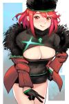  1girl bangs black_gloves breasts cleavage_cutout clothing_cutout dress fur-trimmed_jacket fur_trim gloves hat highres jacket large_breasts neon_trim pyra_(xenoblade) red_eyes red_hair robot_cat short_dress short_hair swept_bangs xenoblade_chronicles_(series) xenoblade_chronicles_2 