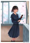  1girl absurdres black_hair black_sailor_collar brown_eyes cherry_blossoms commission graduation highres holding_diploma long_skirt original pixiv_commission sailor_collar school setu_kurokawa skirt solo 