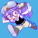  1girl ariga_hitoshi belt blue_background commentary_request dr._slump eyelashes full_body gloves goggles goggles_on_head highres long_hair norimaki_arale open_mouth outstretched_arms purple_eyes purple_hair red-framed_eyewear simple_background smile solo teeth white_gloves 