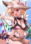  1girl :d alternate_breast_size armpits bangs between_breasts bikini black_mask blue_sky blush bow bow_bikini braid breast_press breasts choker cleavage cloud cowboy_shot crystal day fang flandre_scarlet french_braid frilled_bikini frilled_choker frills hand_on_own_head hat hat_bow head_tilt highres kneeling long_hair looking_at_viewer mask medium_breasts mouth_mask one_side_up open_mouth outdoors palm_tree pink_bikini pink_bow pointy_ears polka_dot polka_dot_bikini polka_dot_bow red_eyes shanghai_bisu short_braid side_braid sidelocks single_braid sky smile solo straw_hat stuffed_animal stuffed_toy sun_hat sunlight swimsuit teddy_bear touhou tree wings 