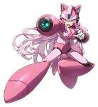  1girl absurdres aiming animal_ears_helmet armor breasts commentary cosplay forehead_jewel full_body gem gloves green_gemstone hair_between_eyes hakui_koyori helmet highres hololive large_breasts long_hair lower_teeth_only mega_man_(series) mega_man_x_(series) nanaku_teiru open_mouth pink_armor pink_eyes pink_footwear pink_hair pink_helmet pink_theme simple_background single_glove solo tail teeth virtual_youtuber white_background white_gloves wolf_girl wolf_tail x_(mega_man) x_(mega_man)_(cosplay) x_buster 