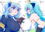  1boy 2girls animal_ears bare_shoulders belt blue_dragon_(kemono_friends) blue_eyes blue_garter_belt blue_hair blue_necktie blue_suit blush breast_smother breasts brown_hair captain_(kemono_friends) collared_shirt commentary dragon_ears dragon_girl dragon_horns extra_ears face_to_breasts fishnet_gloves fishnets girl_sandwich gloves green_belt hair_between_eyes highres horns huge_breasts jacket japari_symbol japari_symbol_print kemono_friends kemono_friends_3 long_hair long_sleeves mamiyama multicolored_hair multicolored_horns multiple_girls necktie open_mouth pink_horns safari_jacket sandwiched seiryuu_(kemono_friends) shirt short_hair short_sleeves sleeveless suit twintails yellow_horns 