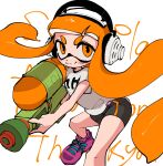  1girl :3 bike_shorts black_shorts closed_mouth headphones highres holding inkling inkling_girl inkling_player_character long_hair orange_eyes orange_hair pink_footwear shirt shoelaces shoes short_sleeves shorts siawase2n simple_background single_vertical_stripe sneakers solo splatoon_(series) splatoon_1 splattershot_(splatoon) split_mouth super_soaker t-shirt tentacle_hair thank_you v-shaped_eyebrows very_long_hair white_background white_shirt 