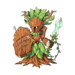  arrow_(projectile) branch broken_arrow chibi full_body holding holding_shield holding_sword holding_weapon leaf no_humans official_art plant ragnarok_online scar scar_across_eye shield simple_background solo sword transparent_background tree weapon wood wood_horns wooden_warrior yuichirou 