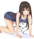  1girl absurdres all_fours bare_shoulders barefoot blue_one-piece_swimsuit blush breasts brown_hair cleavage collarbone dot_nose green_eyes highres idolmaster idolmaster_cinderella_girls idolmaster_cinderella_girls_starlight_stage long_hair looking_at_viewer medium_breasts mizukoshi_(marumi) one-piece_swimsuit parted_lips school_swimsuit shibuya_rin shy simple_background solo sweatdrop swimsuit white_background 