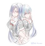  2girls auo123 belt blue_eyes blue_hair bow character_request closed_mouth hair_over_one_eye highres light_blue_hair long_hair multiple_girls orange_eyes origami_yukari red_neckwear scabbard sheath simple_background sketch sleeves_rolled_up smile toji_no_miko turtleneck twitter_username very_long_hair white_background 