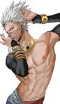  1boy abs absurdres alternate_costume arabian_clothes bare_pectorals belly_chain bridal_gauntlets closed_mouth detached_sleeves dudlesnoodles earrings eyebrows garou_(one-punch_man) gold_bracelet grey_hair hands_up head_chain highres jewelry looking_at_viewer male_focus mouth_veil muscular muscular_male navel necklace nipples one-punch_man pectorals pointy_ears red_nails ring simple_background solo white_background yellow_eyes 
