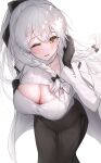  1girl azur_lane black_bow black_gloves bow braid breasts coat coat_on_shoulders floating_hair gloves hair_bow hermione_(azur_lane) hermione_(winter_dearest)_(azur_lane) highres large_breasts long_hair long_skirt long_sleeves looking_at_viewer one_eye_closed open_clothes open_coat oyuwari parted_lips ponytail simple_background skirt smile solo standing white_background white_coat white_hair yellow_eyes 