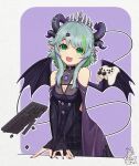  1girl absurdres bat_wings blue_hair breasts bsapricot_(vtuber) catarackta cleavage cleavage_cutout clothing_cutout colored_inner_hair earrings fang fangs fishnets green_eyes green_hair highres horns jewelry keyboard_(computer) lich looking_at_viewer medium_breasts multicolored_hair multiple_horns open_mouth playstation_controller pointy_ears short_hair skin_fang skull slit_pupils smile solo tiara virtual_youtuber vshojo wings 