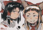  2girls black_hair blunt_bangs bow brown_eyes brown_hair brown_horns commentary_request dated frilled_bow frilled_hair_tubes frills frown grin hair_bow hair_tubes hakurei_reimu horns ibuki_suika kokechankokko looking_at_another medium_bangs multiple_girls portrait red_bow short_bangs sidelocks simple_background smile touhou v-shaped_eyebrows yin_yang 