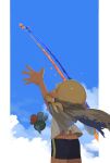  1girl 2others agent_3_(splatoon_3) animal arm_up bike_shorts black_shorts blonde_hair blue_sky border braid brown_cape cape cloud cloudy_sky commentary_request cowboy_shot facing_away from_behind highres inkling_girl inkling_player_character jumping long_hair multiple_others outside_border pillarboxed pointy_ears salmonid shirt shorts single_braid sky smallfry_(splatoon) splatoon_(series) splatoon_1 splatoon_3 squid sumi_ko888 tentacle_hair torn_cape torn_clothes torn_shirt waving white_border white_shirt 
