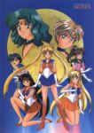  1990s_(style) 6+girls absurdres aino_minako aqua_hair bangs bishoujo_senshi_sailor_moon black_eyes black_hair blonde_hair blue_bow blue_choker blue_eyes blue_footwear blue_hair blue_sailor_collar blue_skirt boots bow brown_hair choker copyright_name crescent crescent_earrings double_bun earrings elbow_gloves eyebrows_visible_through_hair full_moon gloves green_choker green_sailor_collar green_skirt hair_bobbles hair_bow hair_ornament heart heart_choker high_heels high_ponytail highres hino_rei holding jewelry kaiou_michiru kino_makoto knee_boots kneeling leotard light_brown_hair long_hair looking_at_viewer magical_girl miniskirt mizuno_ami moon multiple_girls official_art ofuda open_mouth orange_choker orange_footwear orange_sailor_collar orange_skirt pink_bow pink_footwear ponytail purple_bow red_bow red_choker red_footwear red_sailor_collar red_skirt retro_artstyle sailor_collar sailor_jupiter sailor_mars sailor_mercury sailor_moon sailor_neptune sailor_senshi sailor_senshi_uniform sailor_uranus sailor_venus scan short_hair skirt smile squatting standing strappy_heels ten&#039;ou_haruka tiara tsukino_usagi twintails very_long_hair 