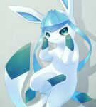  alopias blush closed_mouth commentary_request gen_4_pokemon glaceon green_eyes looking_at_viewer lying no_humans on_back paws pokemon pokemon_(creature) smile solo toes 