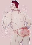  1boy ass ass_cutout back bara beard blue_eyes boku_no_hero_academia bow bowtie clothing_cutout collar facial_hair from_behind highres mahoubin_(totemo_hot_dayo) male_focus mature_male muscular muscular_male pink_background pink_collar pink_male_underwear red_hair scar scar_across_eye short_hair sideburns solo spiked_hair stubble thick_thighs thighs todoroki_enji underwear underwear_only 