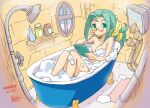  1girl adjusting_eyewear bath bathing bathtub bottle bubble bubble_bath claw_foot_bathtub commentary_request glasses grandia grandia_i green_eyes green_hair highres long_hair looking_at_viewer mio_(grandia) nude oyster_(artist) pince-nez pipe ponytail reading shower_head solo window 