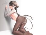  1girl ass black_hair blue_eyes blush breasts crotch_cutout demon_tail demon_wings half-closed_eyes invisible_penis kneeling long_hair low_wings nipples one_side_up original pantyhose parted_lips pointy_ears sex shrug_(clothing) small_breasts smile solo tail usuki_(graygreed) vaginal wings 