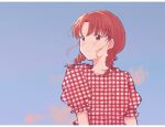  1girl arms_at_sides blush braid egashira_mika letterboxed looking_to_the_side medium_hair pechevail plaid puffy_short_sleeves puffy_sleeves red_eyes red_hair short_sleeves skip_to_loafer sky solo twin_braids twintails unmoving_pattern upper_body 