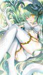  1girl bra breasts dragon_girl dragon_horns elbow_gloves fate/grand_order fate_(series) gloves green_hair highres horns kiyohime_(fate) large_breasts morizono_shiki multiple_horns one_eye_closed panties solo thighhighs underwear underwear_only white_bra white_gloves white_legwear white_panties yellow_eyes 