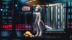 2021 absurd_res anthro blaedic blue_eyes bus_stop bus_stop_sign canid canine casual_nudity chest_tuft crotch_tuft detailed_background digital_media_(artwork) digital_painting_(artwork) digitigrade featureless_crotch fox full-length_portrait fur heterochromatic_ears hi_res light lighting magician_fox male male_anthro mammal night outside plushie portrait public public_nudity railing reflective_floor side_view solo standing street_lamp teddy_bear tuft waiting white_body white_fur