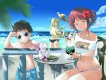  1boy 2girls alternate_costume beach bikini blonde_hair blush blush_stickers chest_jewel covering covering_breasts highres long_hair multiple_girls mythra_(xenoblade) navel pyra_(xenoblade) red_hair rex_(xenoblade) shiroxai swimsuit topless water xenoblade_chronicles_(series) xenoblade_chronicles_2 yellow_eyes 