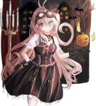  1girl absurdres azhenhgu black_gloves blue_eyes candle candlestand danganronpa_(series) danganronpa_v3:_killing_harmony dress gloves goggles goggles_on_head hat highres iruma_miu looking_at_viewer pink_hair pumpkin solo 