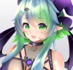  1girl bat_wings blue_hair breasts bsapricot_(vtuber) cleavage cleavage_cutout clothing_cutout colored_inner_hair fang fishnets green_eyes green_hair highres horns jewelry lich me_o_wy medium_breasts multicolored_hair multiple_horns pointy_ears short_hair skin_fang smile solo virtual_youtuber vshojo wings 