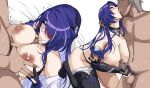  1boy 1girl acheron_(honkai:_star_rail) ass bare_shoulders black_gloves black_thighhighs blue_hair blush breasts censored commentary_request elbow_gloves fellatio french_kiss gloves grey_hair handjob hella_p holding honkai:_star_rail honkai_(series) kiss korean_commentary large_breasts long_hair mosaic_censoring navel nipples oral paid_reward_available paizuri parted_lips penis simple_background stomach thighhighs thighs underboob white_background 