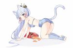  1girl all_fours animal_ears anyuu ass bare_shoulders blue_eyes blush cat_ears cat_tail commentary doritos english_commentary eyebrows_visible_through_hair food genshin_impact hair_ornament hair_stick hairpin kamisato_ayaka long_hair looking_at_viewer socks solo tail 