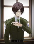  1boy belt black_belt black_hair blood blood_from_mouth blood_on_face closed_mouth commentary eren_yeager green_eyes green_jacket highres indoors jacket long_sleeves looking_at_viewer male_focus nosebleed pocket sayo_nara_drawing shingeki_no_kyojin shirt short_hair solo white_shirt window 