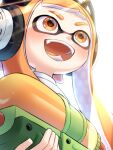  1girl :d amakusa_setoka colored_tongue commentary_request fangs headphones highres holding inkling inkling_girl inkling_player_character light_rays long_hair open_mouth orange_eyes orange_hair orange_tongue smile solo splatoon_(series) splatoon_1 splattershot_(splatoon) super_soaker teeth tentacle_hair 