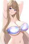  1girl armlet arms_behind_head arms_up bare_arms bare_shoulders bikini blue_bikini blue_eyes blush breasts brown_hair cleavage collarbone commentary_request dolphin_wave gradient_bikini grin hair_intakes highres kirahoshi_kanna large_breasts long_hair looking_at_viewer multicolored_bikini multicolored_clothes o-ring o-ring_bikini o-ring_top parted_lips pink_bikini sidelocks simple_background smile solo strapless strapless_bikini surippa1010 swimsuit underboob upper_body very_long_hair white_background white_bikini 