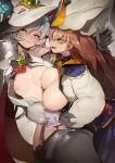  2girls absurdres anger_vein asymmetrical_docking breast_press breasts bright_pupils brown_eyes brown_hair duel_monster grey_hair hat highres large_breasts long_hair multiple_girls open_clothes open_shirt pantyhose rcia_of_the_white_woods ro_g_(oowack) shirt silve_of_the_white_woods skirt white_pupils white_shirt witch_hat yu-gi-oh! yuri 