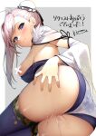  1girl ass asymmetrical_hair blue_eyes blue_legwear blush bun_cover censored commission cum cum_on_body cum_on_thighs deep_skin detached_sleeves fate/grand_order fate_(series) fingernails highres izumi_kei long_hair looking_at_viewer miyamoto_musashi_(fate) miyamoto_musashi_(swimsuit_berserker)_(fate) nipple_censor pink_hair side_bun skeb_commission solo swimsuit thighhighs 